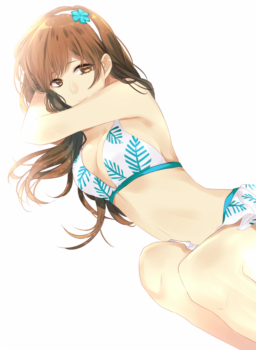 10s, 1girl, bikini, breasts, brown_eyes, brown_hair, cleavage, hairband
