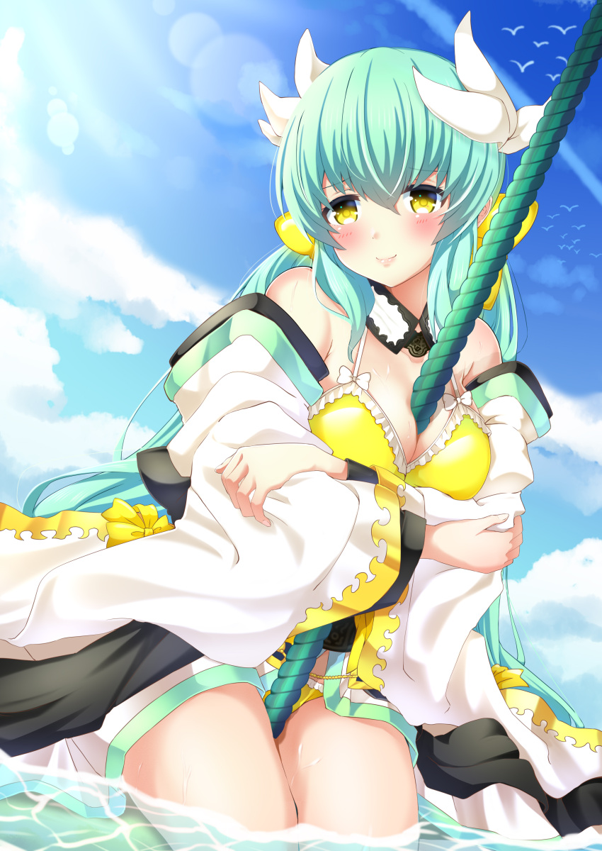 1girl, absurdres, bangs, bare_legs, bare_shoulders, beach, between_breasts, between_legs