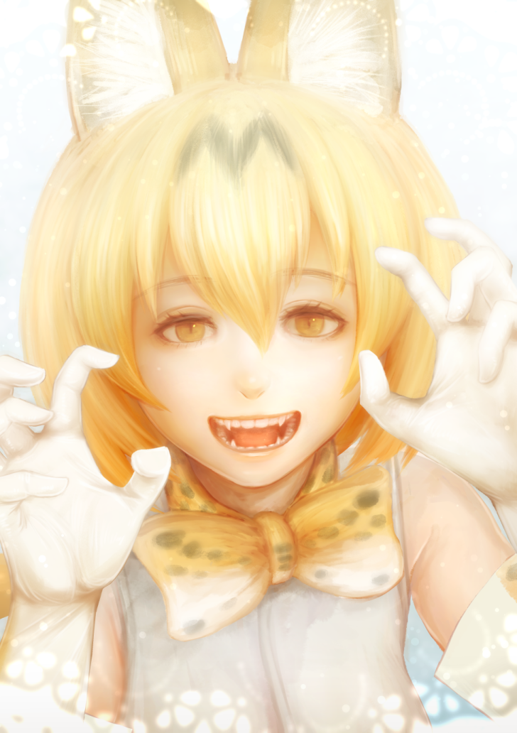 1girl, animal_ears, bow, bowtie, elbow_gloves, eyebrows_visible_through_hair, fangs, gloves