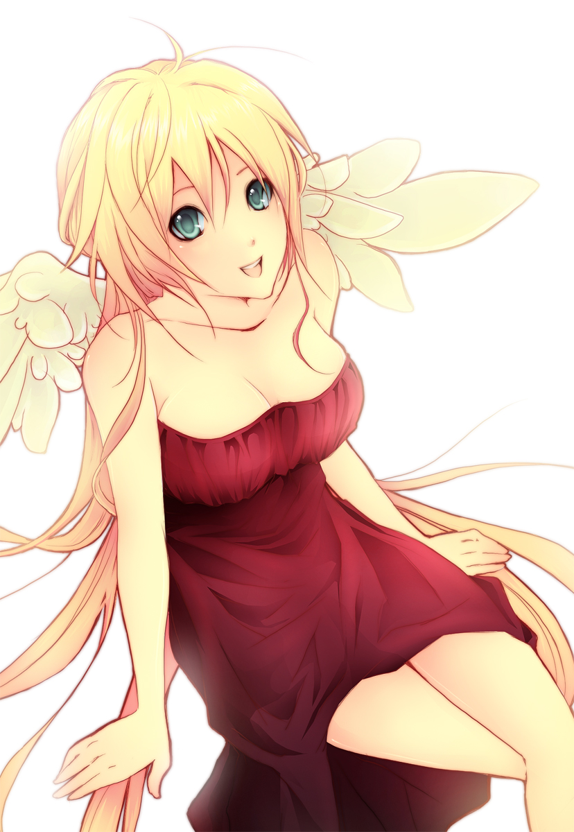 aqua_eyes, bad_id, bare_shoulders, blonde_hair, breasts, character_request, cleavage, dress
