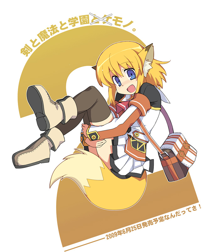 apricot, bag, blonde_hair, blue_eyes, boots, crossover, fox_ears, fox_tail