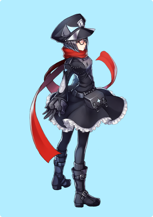 1girl, black-framed_eyewear, black_boots, black_dress, black_gloves, black_hair, black_hat, blue_background