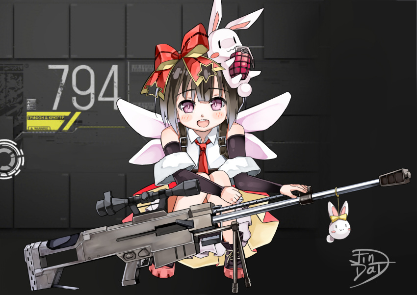 black_hair, blush, detached_sleeves, explosive, girls_frontline, grenade, gun, hair_ribbon