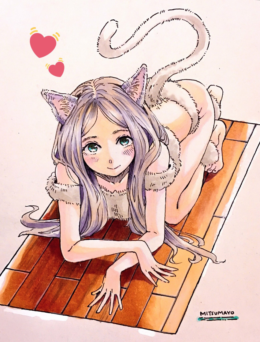 1girl, animal_ears, ankle_cuffs, anklet, artist_name, bare_shoulders, barefoot, bent_knees