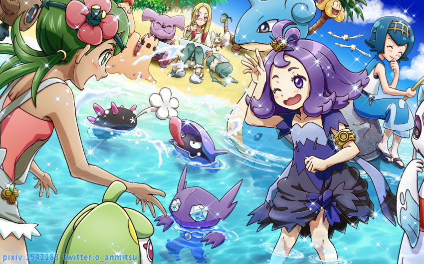 ^_^, acerola_(pokemon), alolan_exeggutor, armlet, bag, beach, blush, closed_eyes