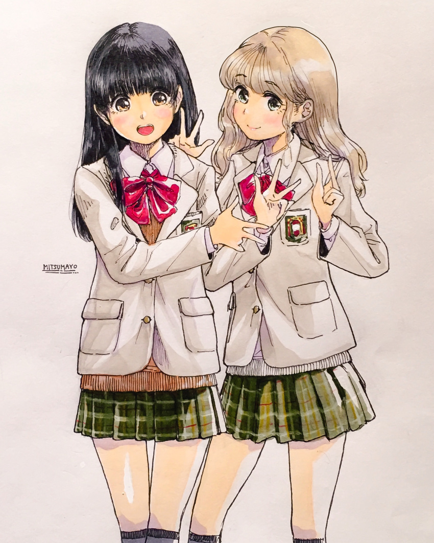 2girls, :d, absurdres, artist_name, bangs, black_hair, black_legwear, blonde_hair