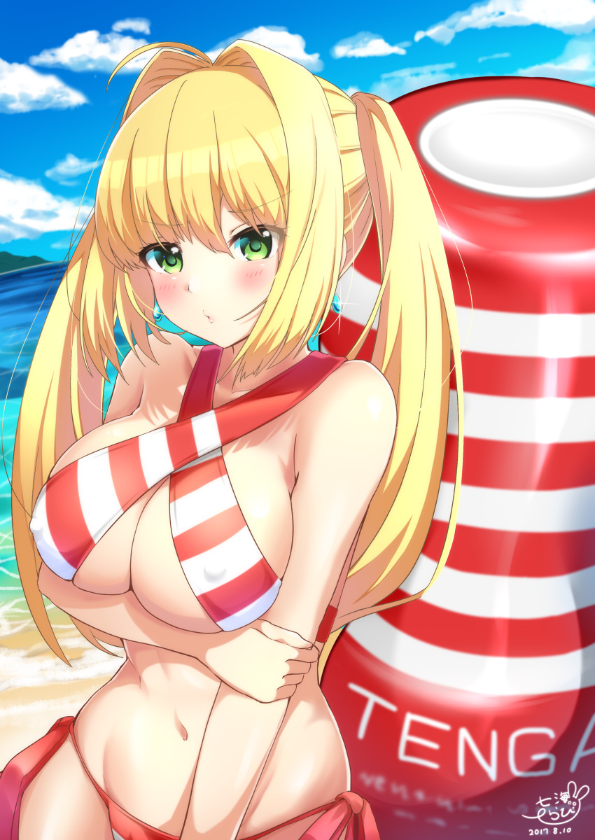 10s, 1girl, 2017, absurdres, ahoge, arm_at_side, artist_name, bangs, bare_arms, bare_shoulders, beach, bikini, blonde_hair, blue_sky, blush, breast_hold, breasts, cleavage, clouds, cloudy_sky, collarbone, commentary_request, cowboy_shot, criss-cross_halter, dated, day, earrings, erect_nipples, eyebrows_visible_through_hair, eyelashes, fate/extra, fate/grand_order, fate_(series), glint, green_eyes, groin, hair_between_eyes, hair_intakes, halter_top, halterneck, highres, jewelry, large_breasts, lips, long_hair, looking_at_viewer, midriff, nanamira_bi, navel, nero_claudius_(swimsuit_caster)_(fate), ocean, outdoors, parted_lips, saber_extra, shiny, shiny_skin, side-tie_bikini, sidelocks, signature, sky, standing, stomach, string_bikini, striped, striped_bikini, swimsuit, tenga, twintails, under_boob, water