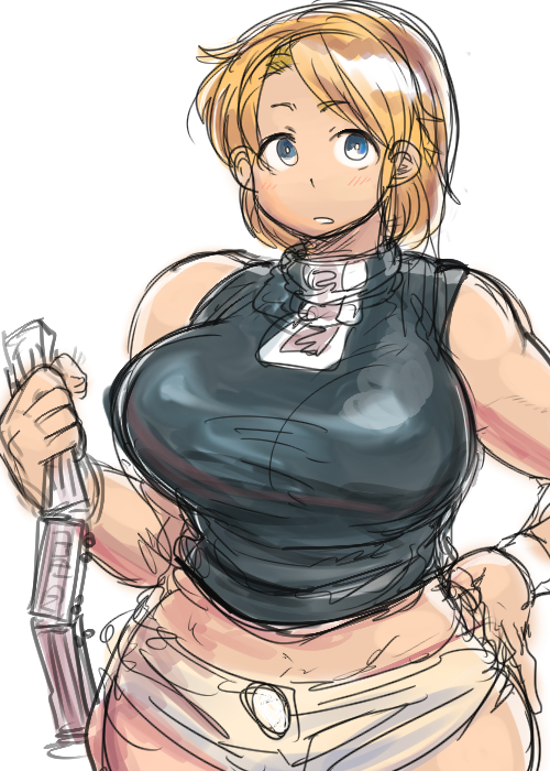 1girl, bakugeki_no_g, blonde_hair, blue_eyes, breasts, curvy, giantess, ground_vehicle, hand_on_hip, hunter_rank_e, large_breasts, looking_at_viewer, original, parted_lips, short_hair, sketch, sleeveless, solo, train, wide_hips