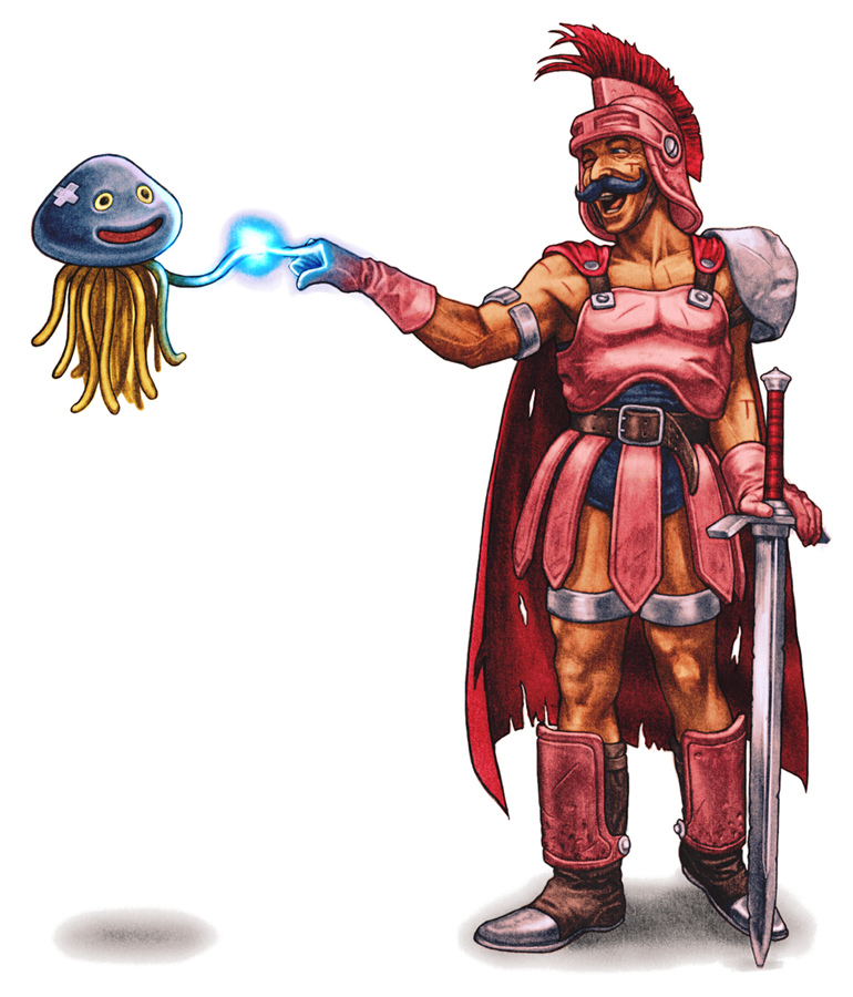 cape, dragon_quest, dragon_quest_iv, e.t., facial_hair, flying_spaghetti_monster, gloves, healie, helmet, hoimi_slime, hoimin, male, mustache, parody, ryan_(dq4), sword, tentacles, ug, weapon, wink