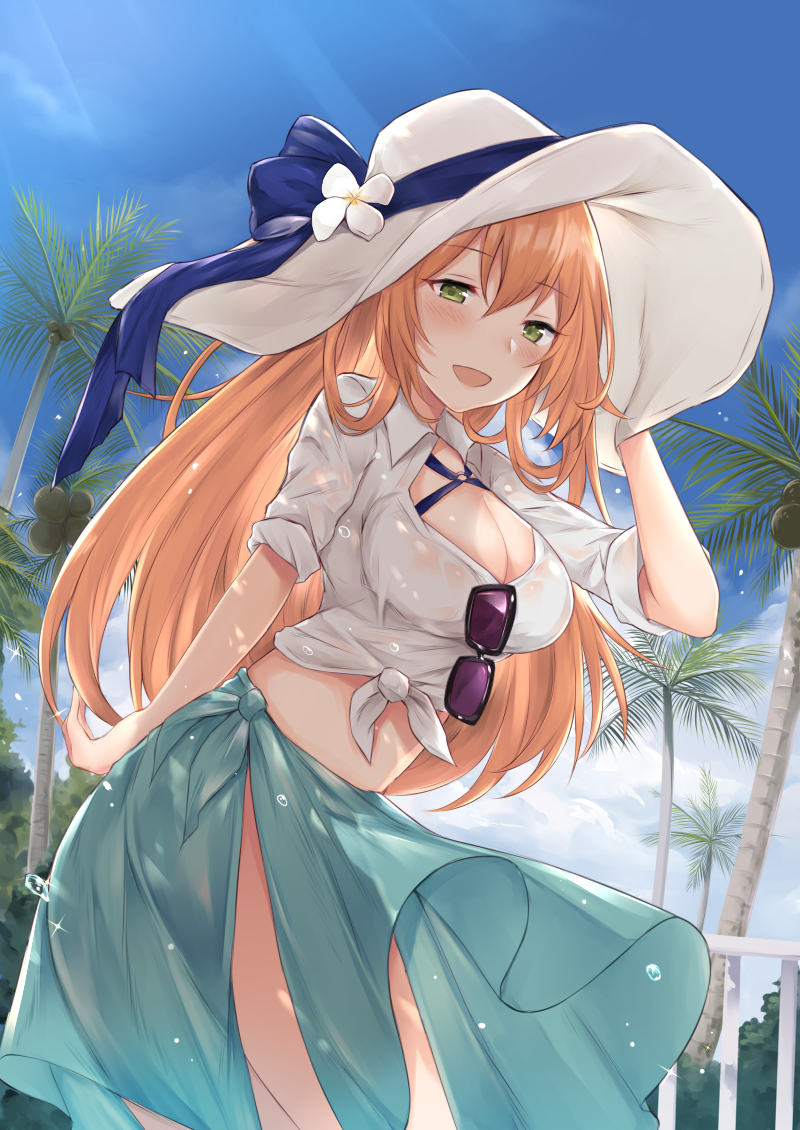 1girl, bangs, beach, blue_sky, blush, breasts, brown_hair, cleavage
