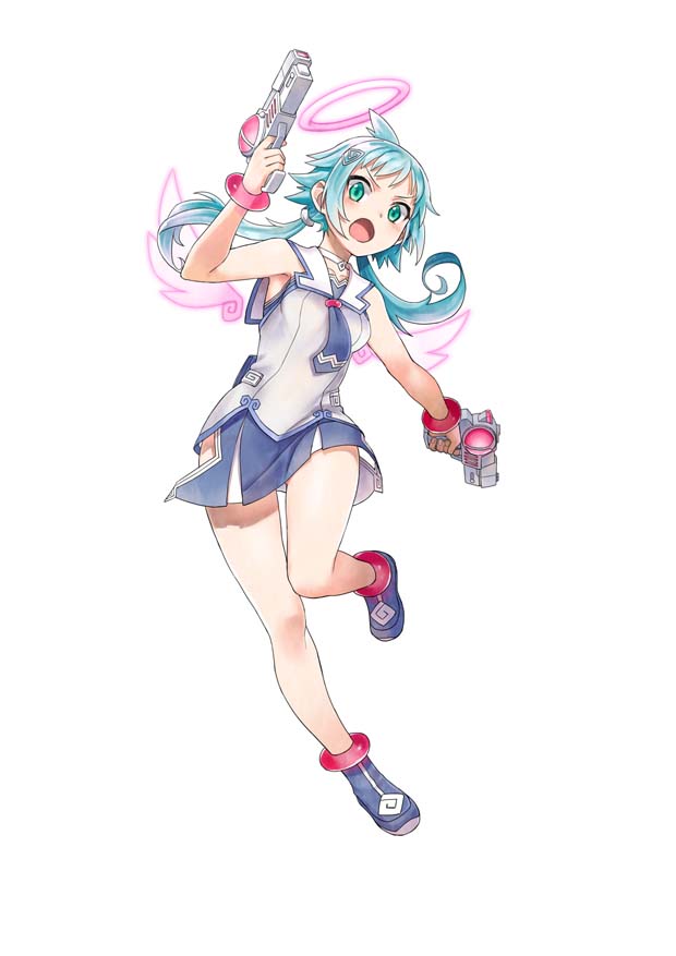 1girl, aqua_eyes, aqua_hair, blaster_master_zero, boots, dual_wielding, ekoro_(galgun), full_body