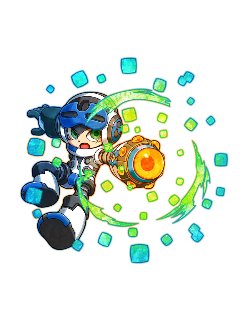 1boy, android, arm_cannon, beck_(mighty_no._9), boots, full_body, green_eyes, helmet