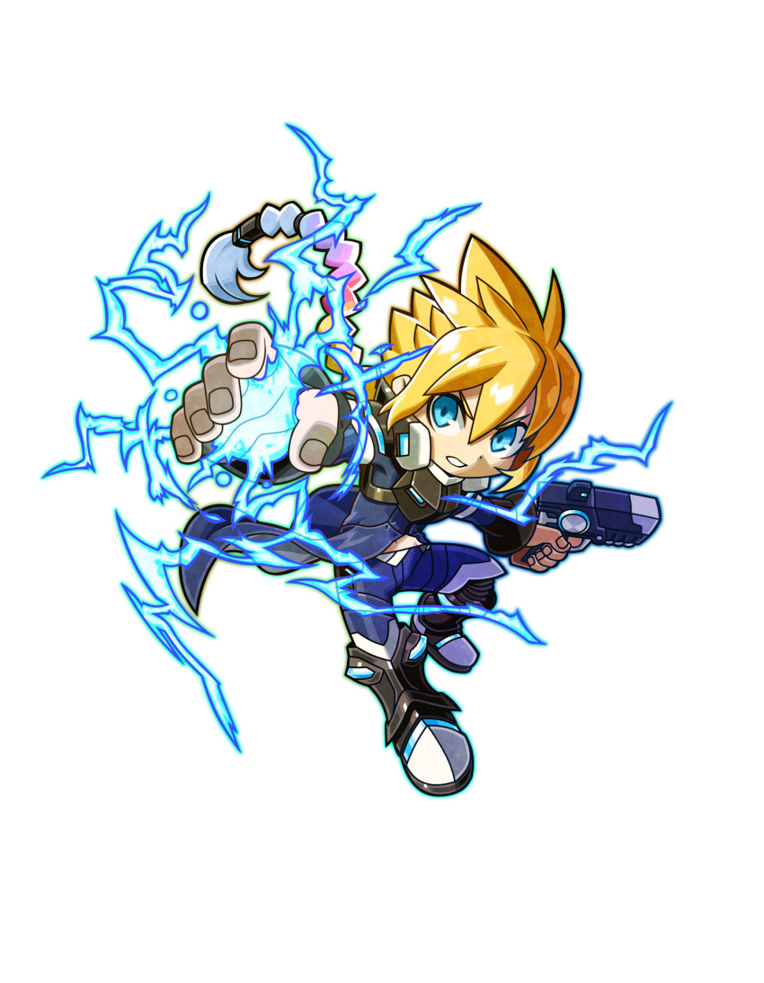 1boy, azure_striker_gunvolt, blonde_hair, blue_eyes, boots, braid, chibi, electricity