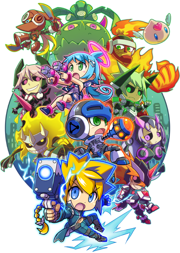 1girl, 2boys, angel, azure_striker_gunvolt, beck_(mighty_no._9), black_sclera, blonde_hair, blue_eyes, blue_hair, brandish_(mighty_no._9), chibi, circle, dual_wielding, ekoro_(galgun), elise_(gunvolt), fire, gal_gun, green_eyes, gun, gunvolt, halo, helmet, jota_(gunvolt), mighty_gunvolt, mighty_no._9, multiple_boys, official_art, pink_eyes, pointing, pointing_at_viewer, pyrogen_(mighty_no._9), red_eyes, stratos_(gunvolt), sword, violet_eyes, viper_(gunvolt), weapon, wings, zonda_(gunvolt)