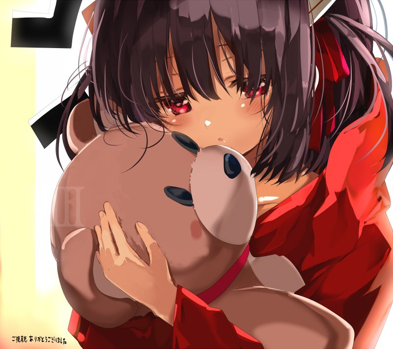 10s, 1girl, anchor_(clockwork_planet), bangs, black_hair, blush, clockwork_planet, doll_hug