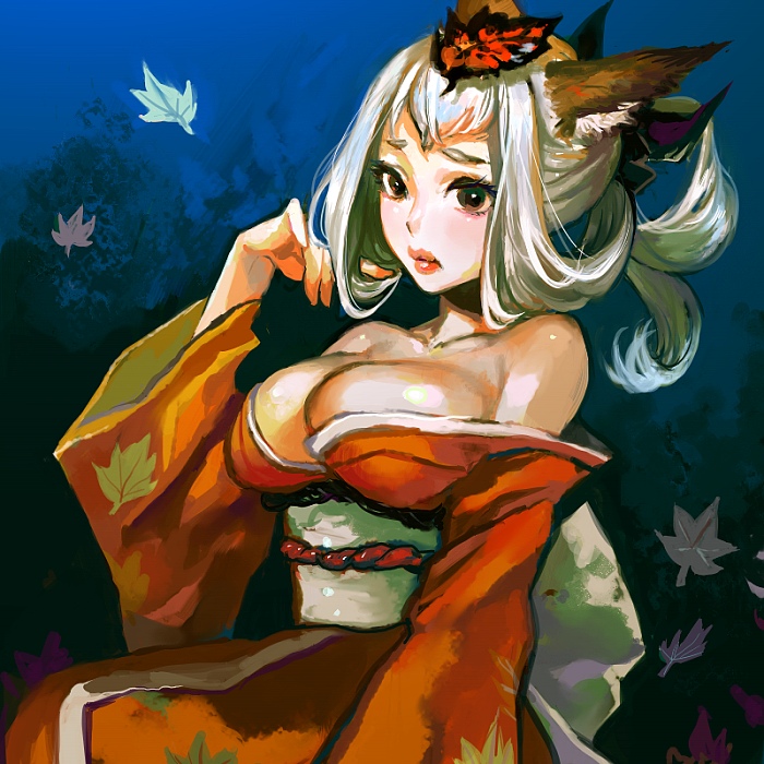 bare_shoulders, blush, breasts, brown_eyes, cleavage, fox_ears, hair_twirling, hair_up
