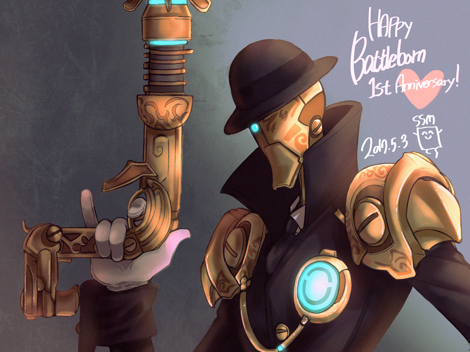 !, 1boy, anniversary, battleborn, blue_eyes, copyright_name, dated, gloves