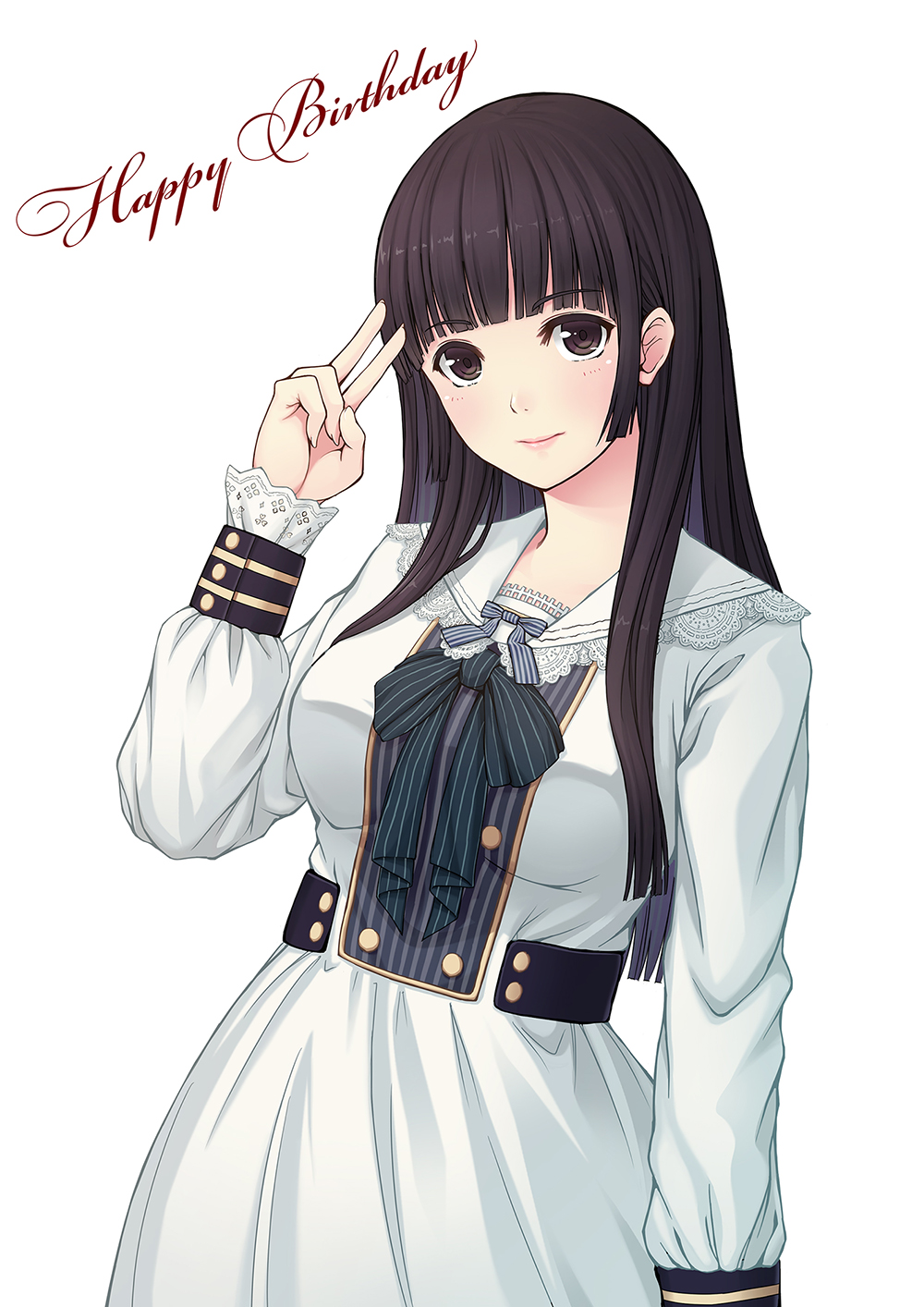 1girl, bangs, belt, birthday, black_eyes, black_hair, blunt_bangs, dress