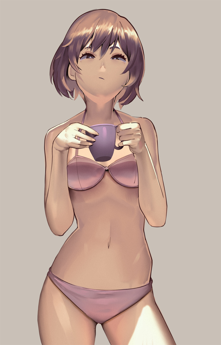 1girl, bra, brown_hair, contrapposto, cowboy_shot, cup, disapproving_stare, hair_between_eyes
