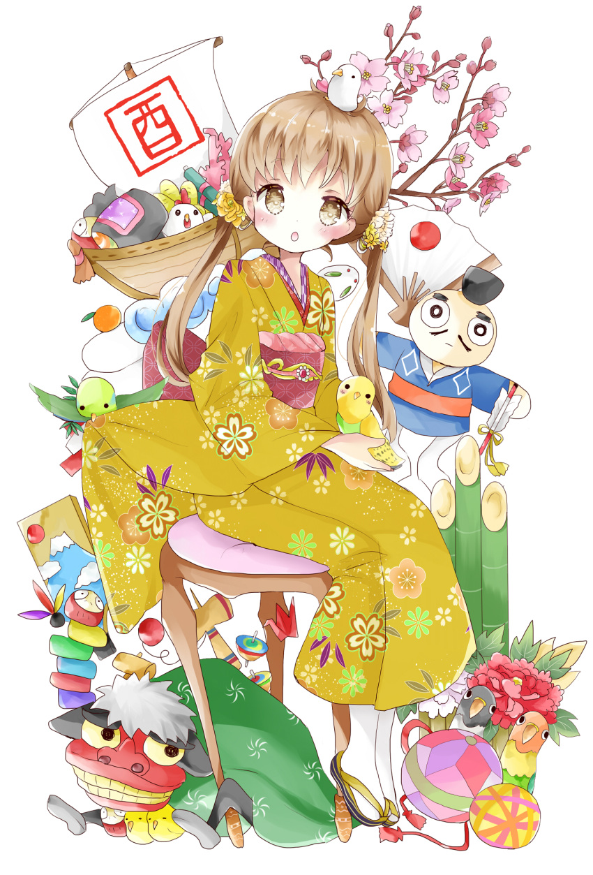 1girl, :o, animal, animal_on_head, arrow, ball, bamboo, bird
