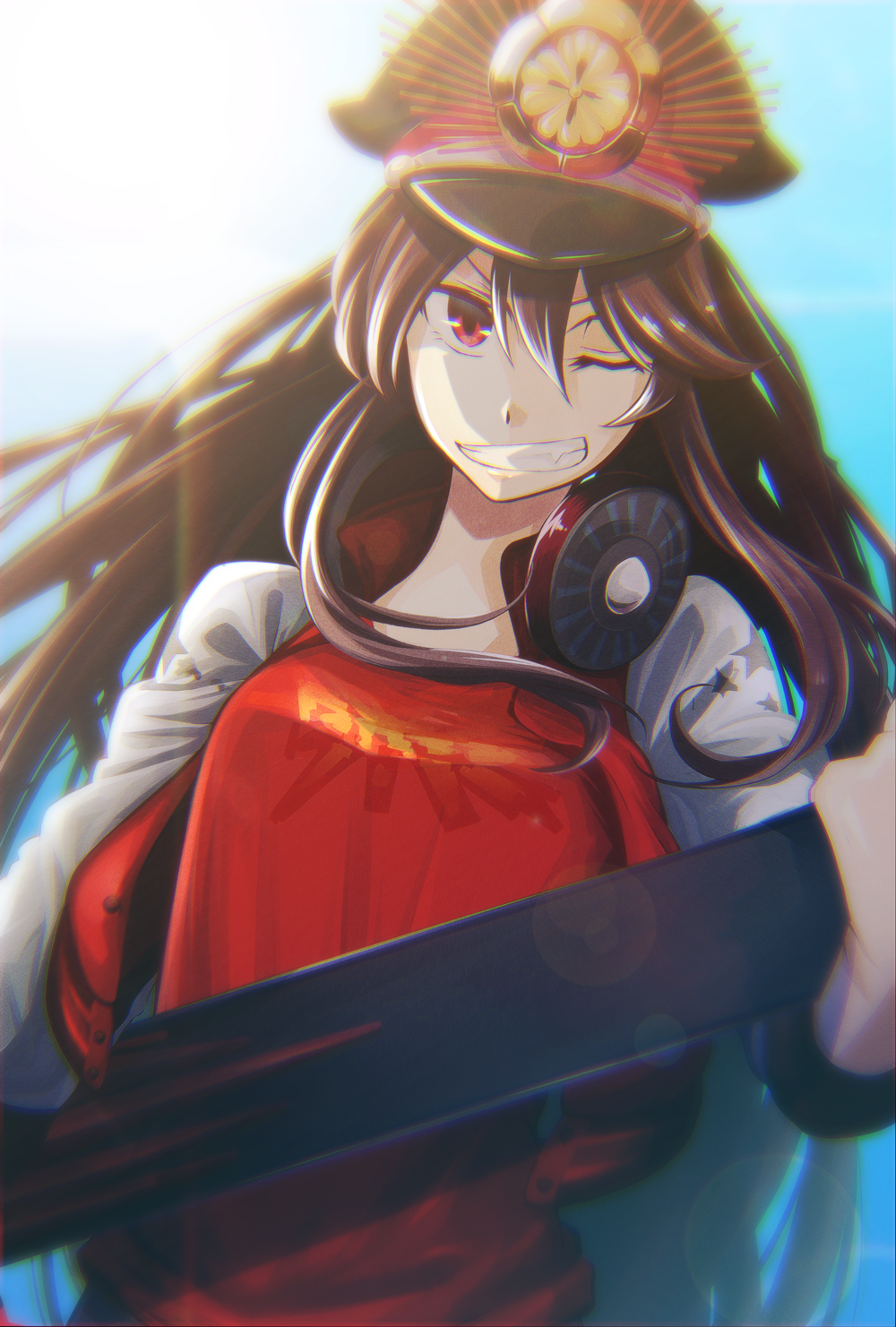 1girl, black_hair, buster_shirt, demon_archer, family_crest, fate/grand_order, fate_(series), grin