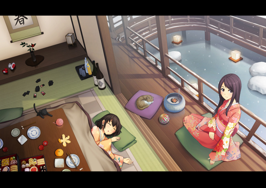 2014, 2girls, black_eyes, black_hair, bottle, cat, chopsticks, food