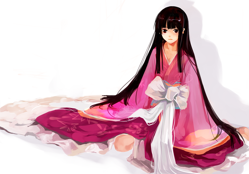 1girl, black_hair, blunt_bangs, hime_cut, houraisan_kaguya, japanese_clothes, knee, knees