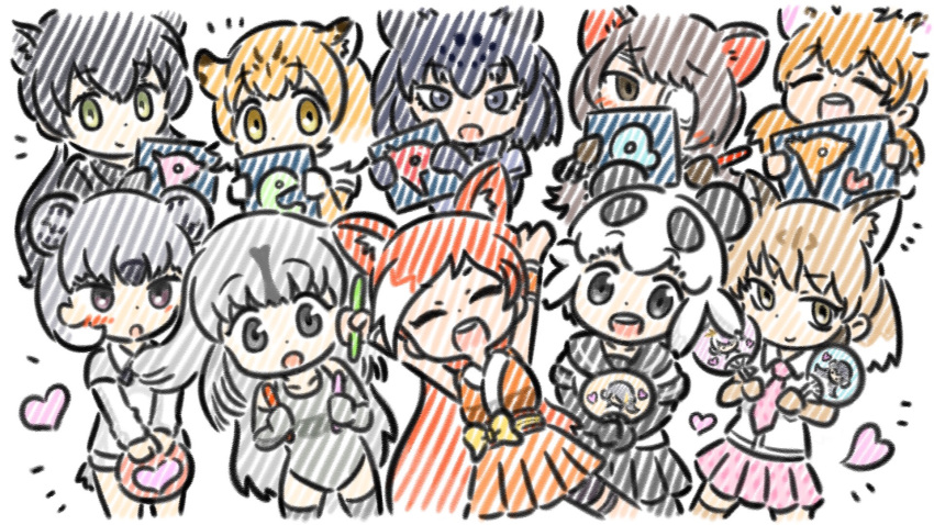 6+girls, :d, \o/, animal_ears, appleq, arms_up, australian_devil_(kemono_friends), black_eyes