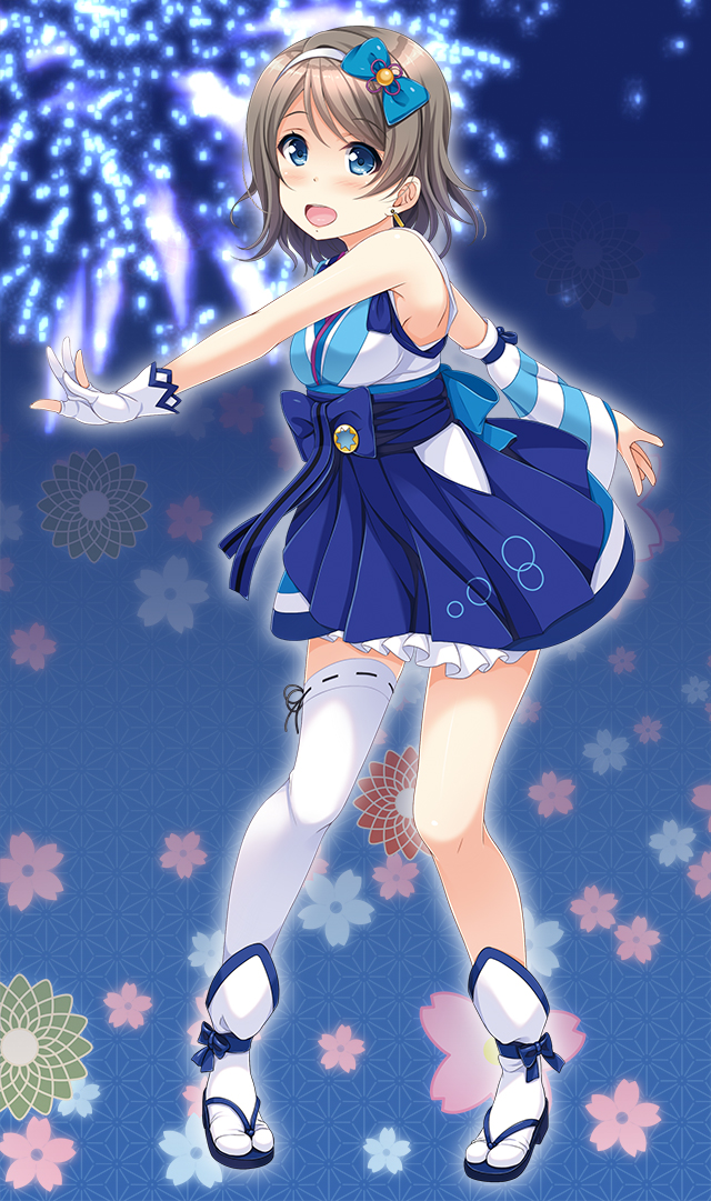 1girl, ankle_bow, ankle_ribbon, asymmetrical_legwear, asymmetrical_sleeves, blue_bow, blue_eyes, blush