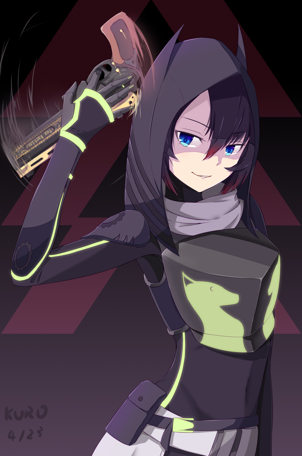 animal_hood, armor, blue_eyes, destiny_(game), gun, handgun, highres, hologram