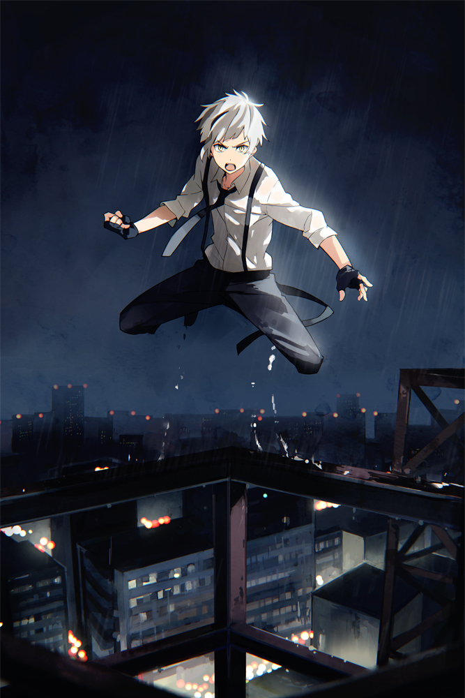 10s, 1boy, building, bungou_stray_dogs, clouds, cloudy_sky, fingerless_gloves, gloves