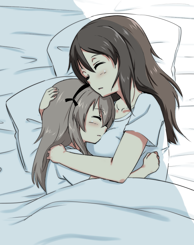 10s, 2girls, bed, bed_sheet, black_ribbon, brown_hair, closed_eyes, closed_mouth