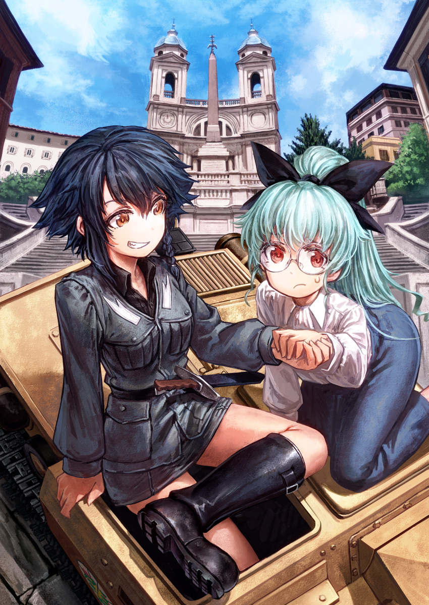 10s, 2girls, alternate_hairstyle, anchovy, anzio_(emblem), anzio_military_uniform, bangs, belt