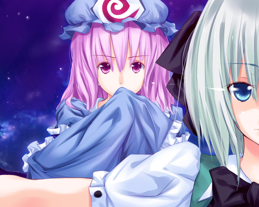 2girls, covering_mouth, hand_over_mouth, hat, japanese_clothes, kimono, konpaku_youmu, multiple_girls