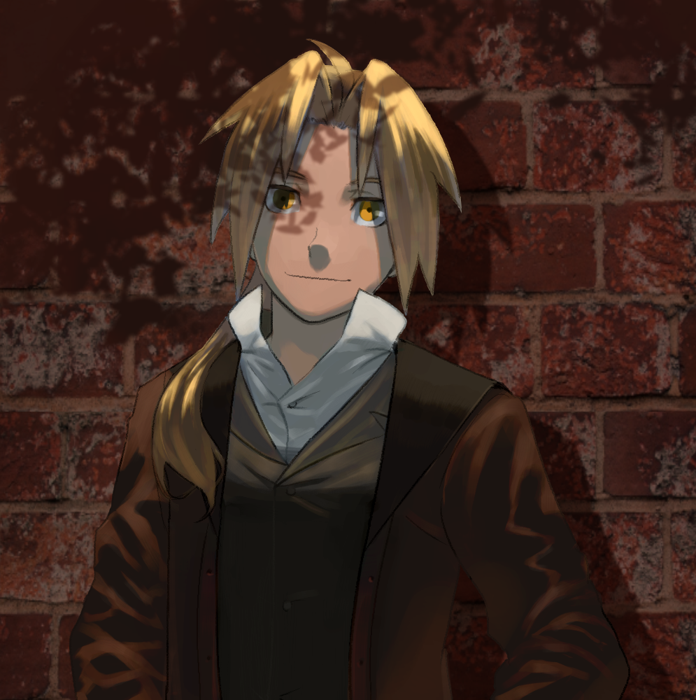 1boy, ahoge, blonde_hair, brick_wall, conqueror_of_shambala, edward_elric, fullmetal_alchemist, jacket