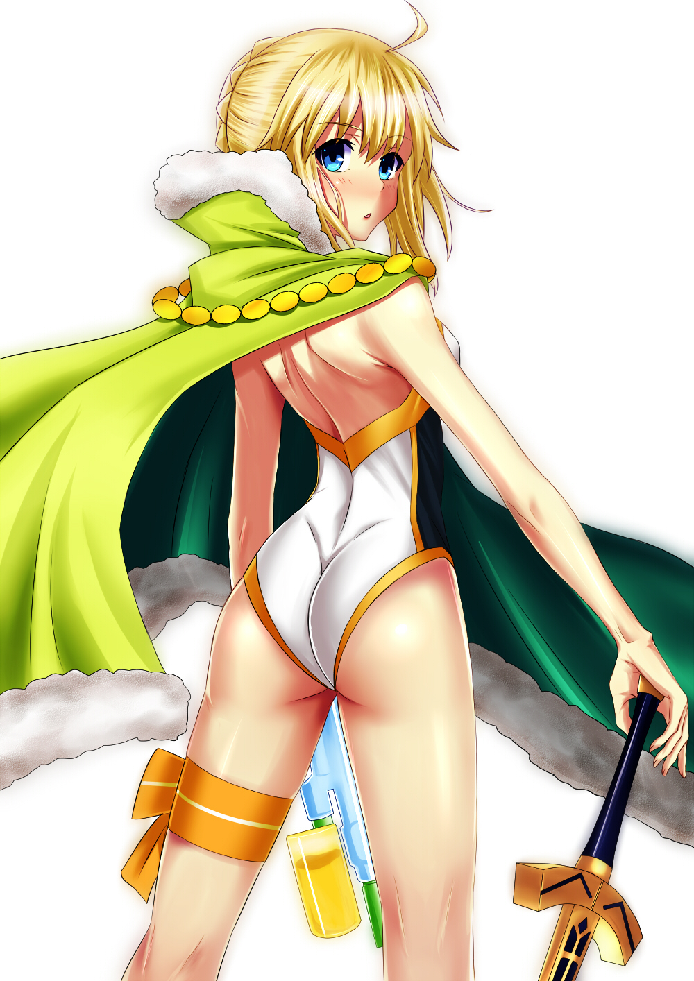 1girl, ahoge, artoria_pendragon_(all), artoria_pendragon_(swimsuit_archer), ass, bangs, blonde_hair, blue_eyes