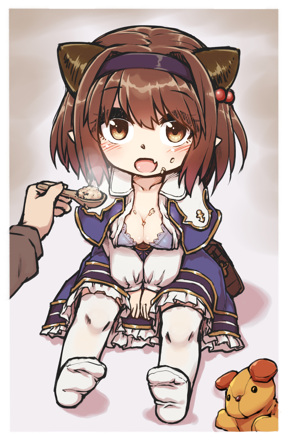 10s, 1girl, blush, breasts, brown_hair, cleavage, doraf, fang, feeding, food, granblue_fantasy, hairband, highres, horns, looking_at_viewer, open_mouth, oppai_loli, pointy_ears, rutsubo, simple_background, solo_focus, thigh-highs, yaia_(granblue_fantasy)
