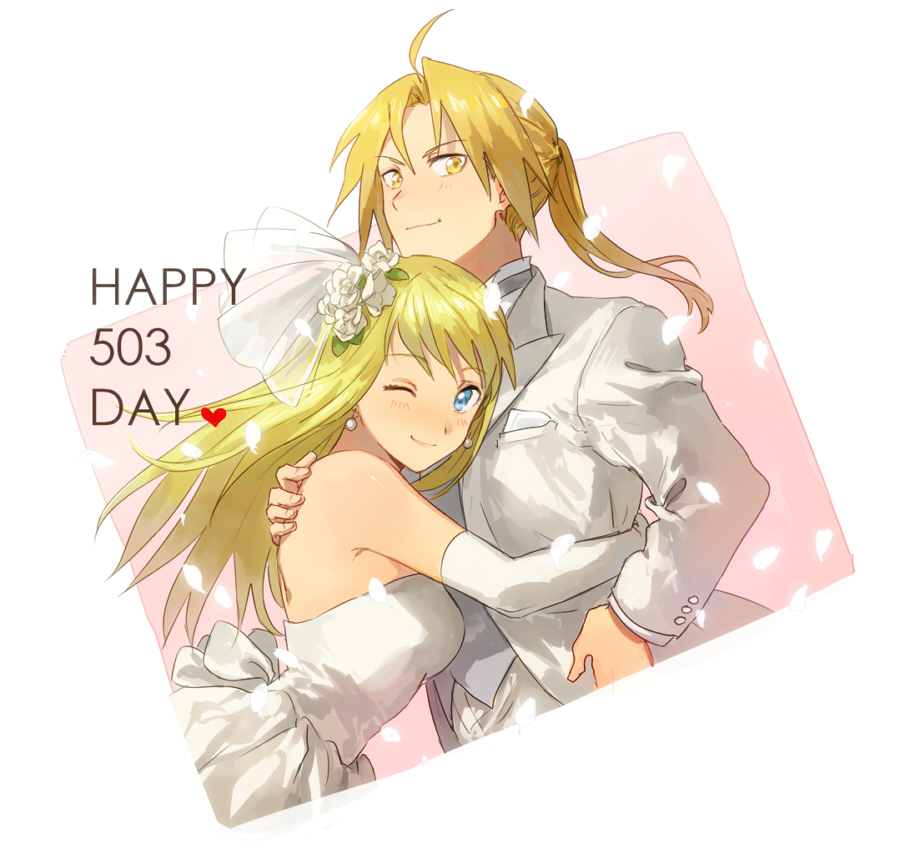 1boy, 1girl, ;), blonde_hair, blue_eyes, bridal_veil, couple, dress