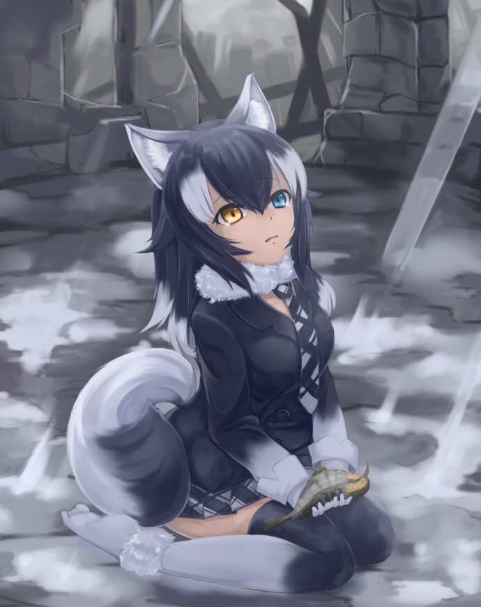 1girl, animal_ears, bird, black_hair, blue_eyes, breasts, fur_collar, gloves