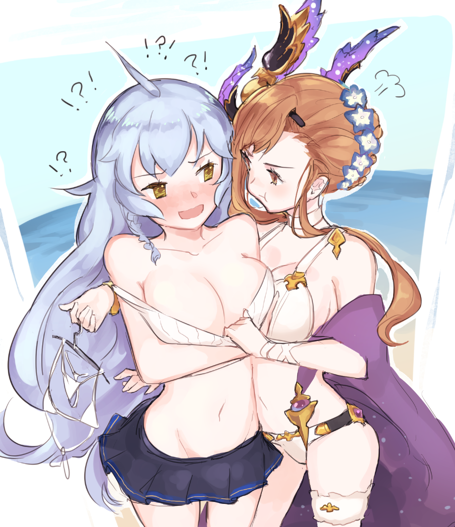 10s, 2girls, ahoge, beach, bikini, breasts, granblue_fantasy, hair_ornament