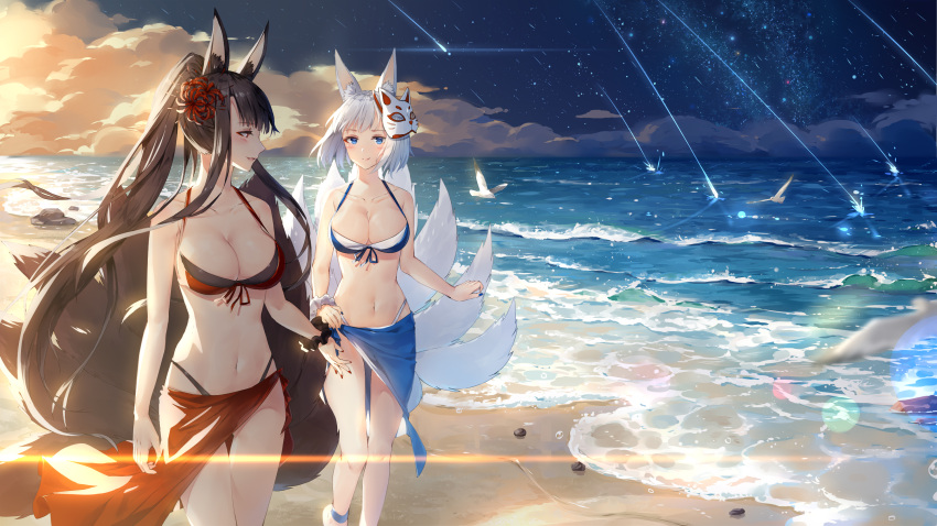 2girls, akagi_(bilan_hangxian), animal, animal_ears, ankleband, arms_at_sides, azur_lane, bangs