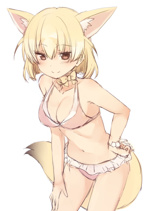1girl, animal_ears, bare_shoulders, bikini, bikini_day, bikini_skirt, blonde_hair, bow