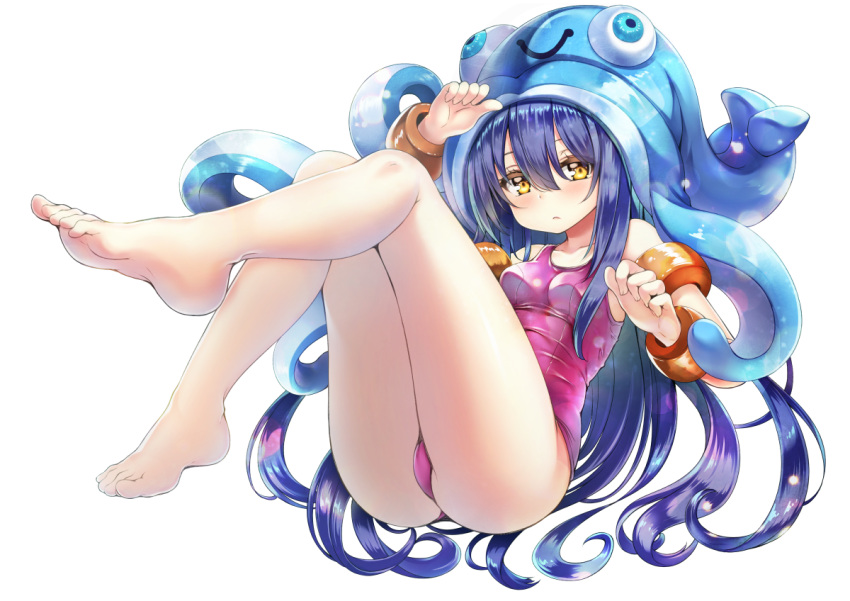 1girl, alternate_costume, bare_legs, barefoot, blush, breasts, curly_hair, feet