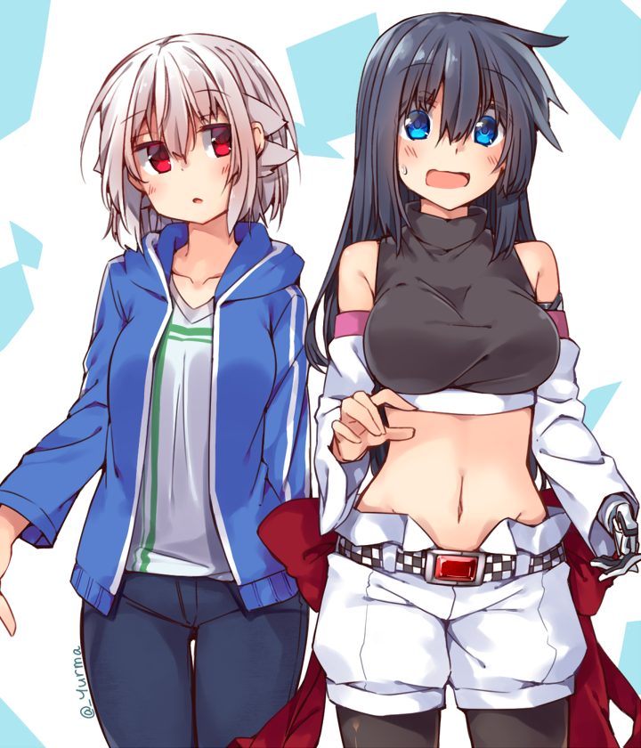 2girls, :o, adyisu, albino, altair_floone, area_aquamarine, arm_behind_back, bangs
