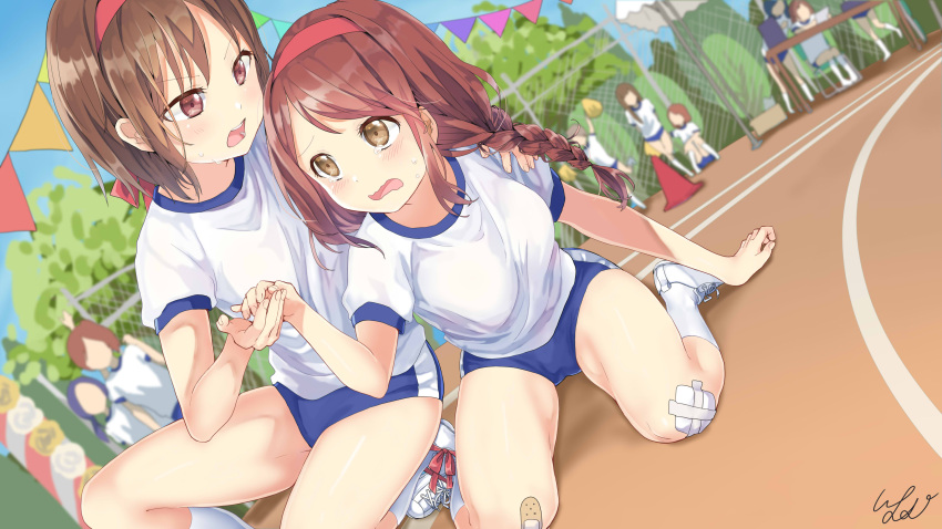 2girls, absurdres, bandaid, bangs, blue_buruma, blush, braid, breasts