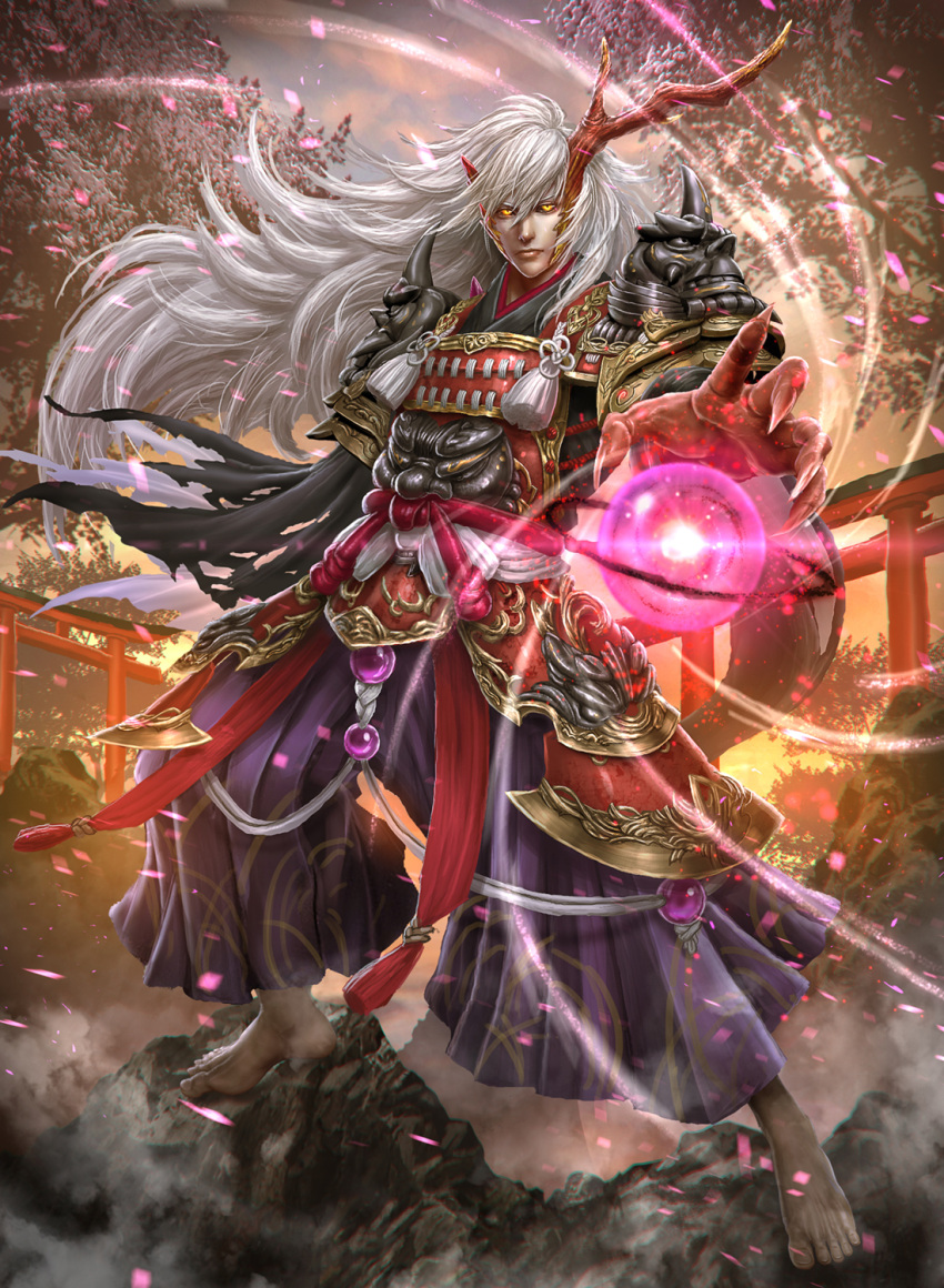 armor, barefoot, black_cape, cape, demon_horns, fingernails, highres, horns