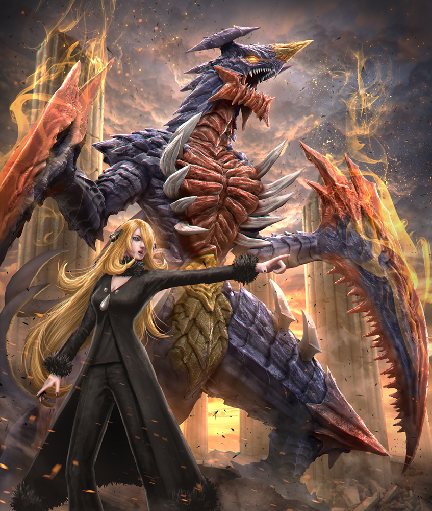 1girl, black_nails, black_pants, blonde_hair, clouds, column, garchomp, hair_ornament