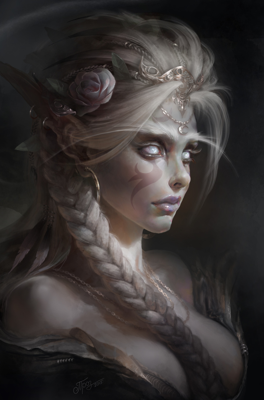 1girl, absurdres, bangs, bare_shoulders, braid, braided_ponytail, breasts, chains