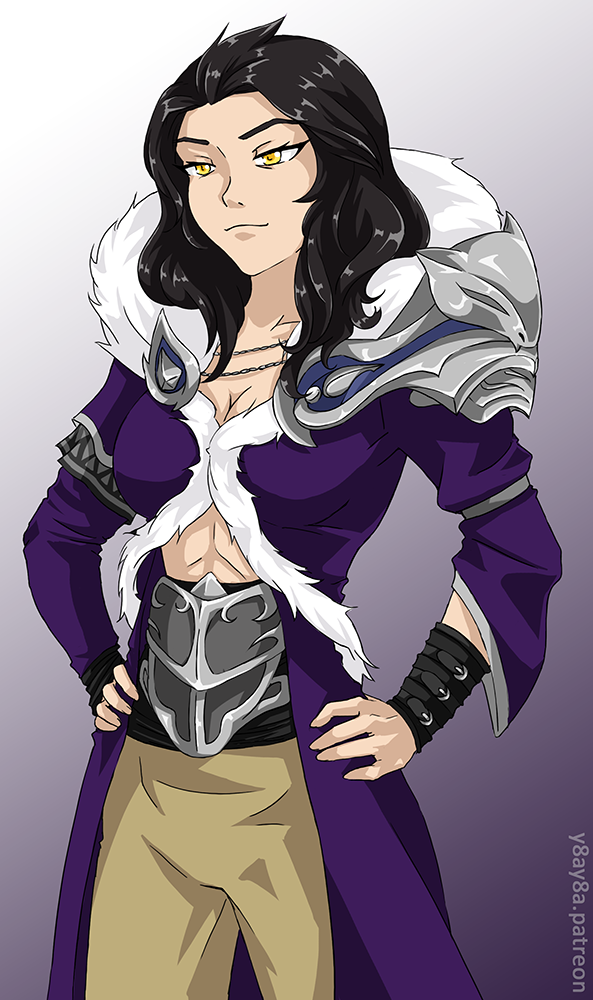 1girl, abs, black_hair, breasts, cleavage, female, fur_collar, genderswap, genderswap_(mtf), ghira_belladonna, purple_coat, rwby, solo, yaya_(y8ay8a), yellow_eyes