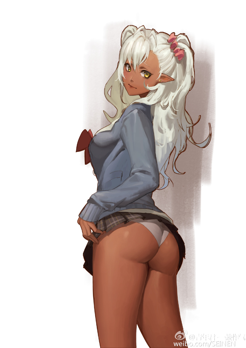 absurdres, antenna_hair, ass, asymmetrical_bangs, bangs, bow, breasts, brown_eyes, cardigan, closed_mouth, contemporary, dark_elf, dark_skin, earrings, elf, from_behind, grey_hair, gyaru, hair_ornament, hair_scrunchie, highres, jewelry, long_hair, looking_at_viewer, looking_back, medium_breasts, microskirt, panties, plaid, plaid_skirt, pleated_skirt, pointy_ears, sansei_muramasa, school_uniform, scrunchie, seinen, skirt, sleeves_past_wrists, soukou_akki_muramasa, stud_earrings, two_side_up, underwear, watermark, web_address, weibo_username
